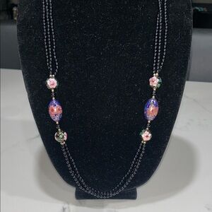 Elegant Floral Beaded Vintage Cloisonné and Black Onyx Bead Necklace